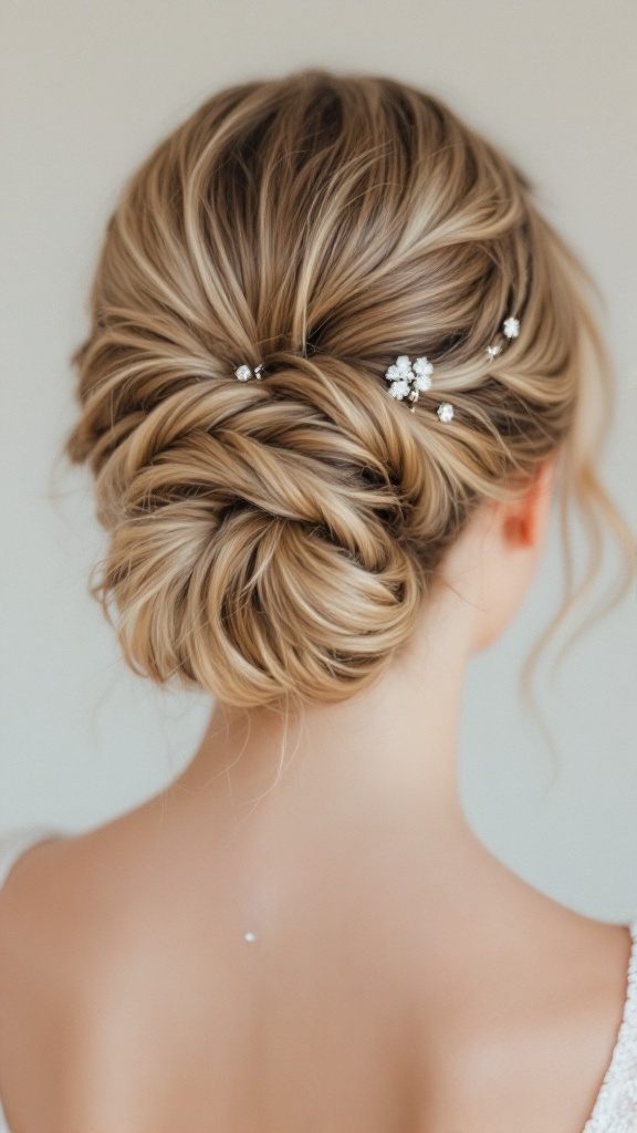 A classic French braid updo hairstyle adorned with delicate flowers.