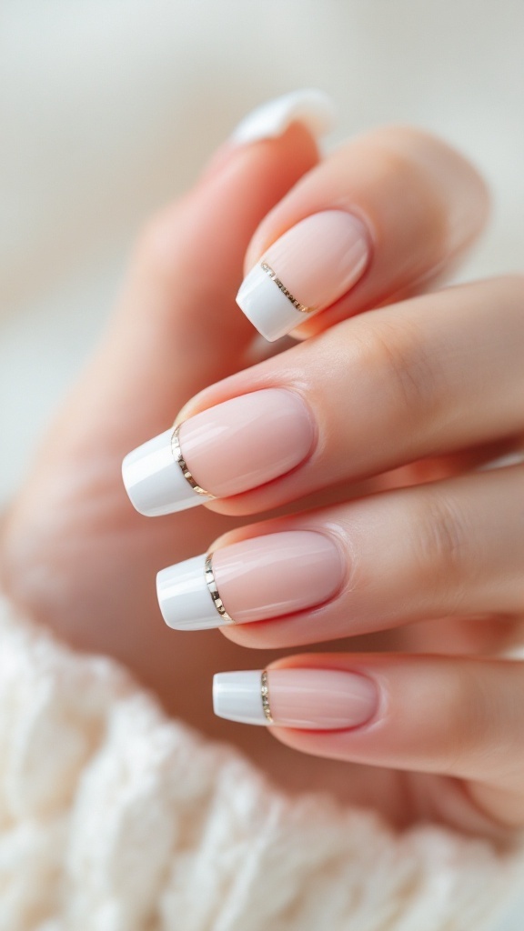 Classic French chrome wedding nails with pink base, white tips, and gold accents