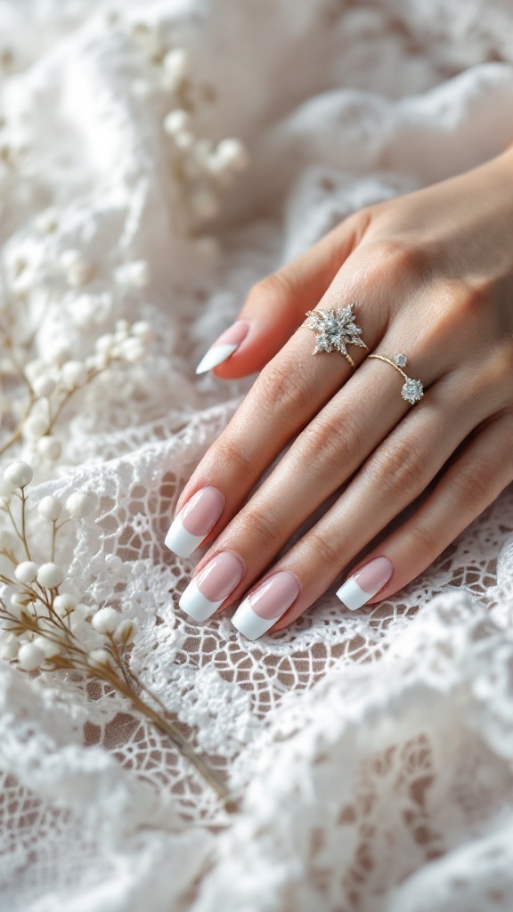 A close-up of a hand with a classic French tip gel manicure, adorned with elegant rings, resting on lace and surrounded by delicate flowers.