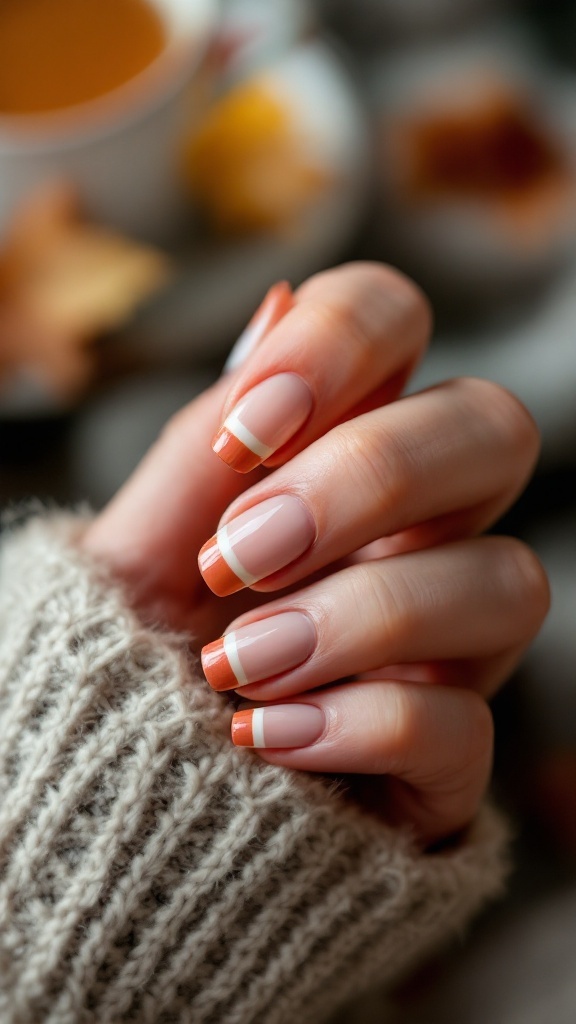 A hand showing classic French tip nails with autumnal orange twist, resting on a cozy knit sweater.