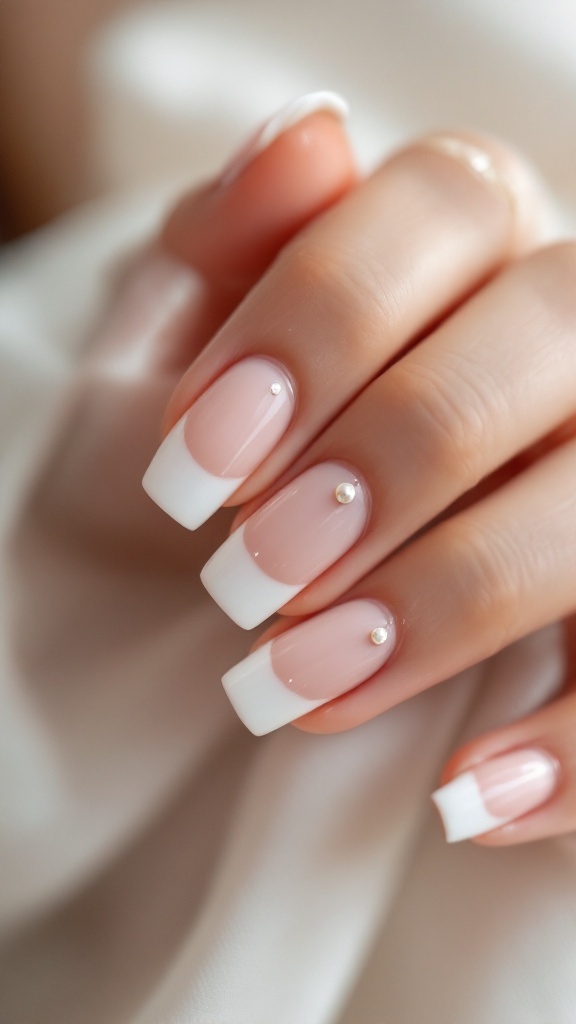 Close-up of a hand displaying classic French tip nails with small pearls on a soft background.