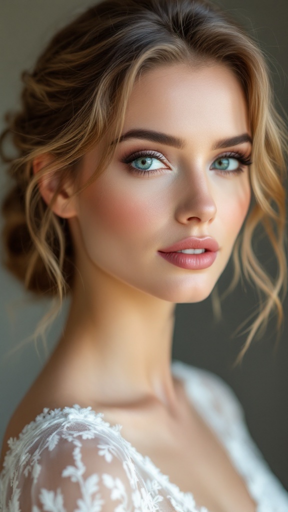 A bride with a classic French twist hairstyle, featuring soft strands framing her face.