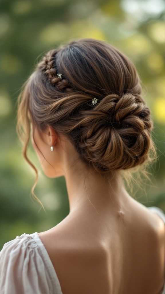 A woman with a classic French twist hairstyle adorned with delicate accessories