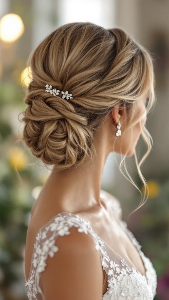 A classic French twist hairstyle adorned with delicate hair accessories, showcasing a glamorous look suitable for bridesmaids.
