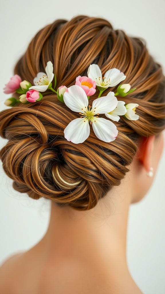 A classic French twist hairstyle adorned with spring flowers.
