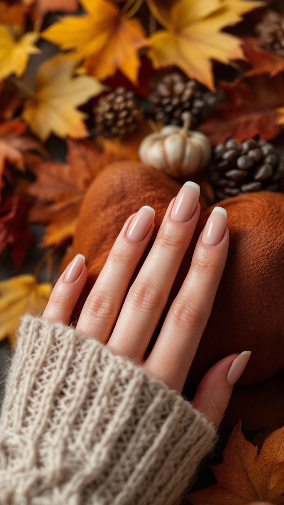 Close-up of a hand with classic French nails on a background of fall leaves and pinecones.