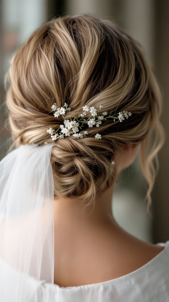 A beautiful classic low bun hairstyle for a bride with a veil and small flowers.