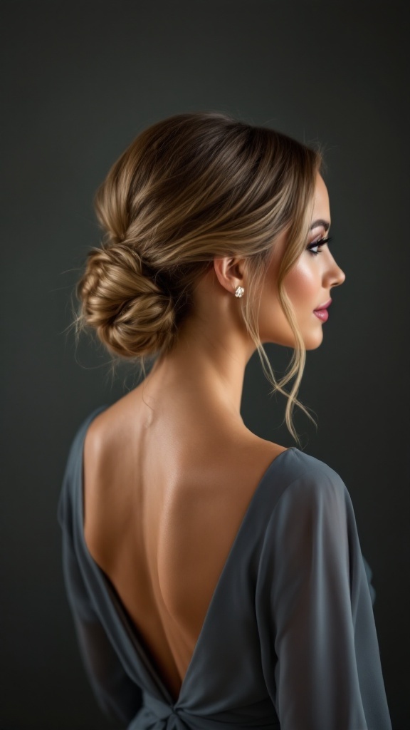 A woman with a classic low side bun hairstyle, showcasing soft waves framing her face.