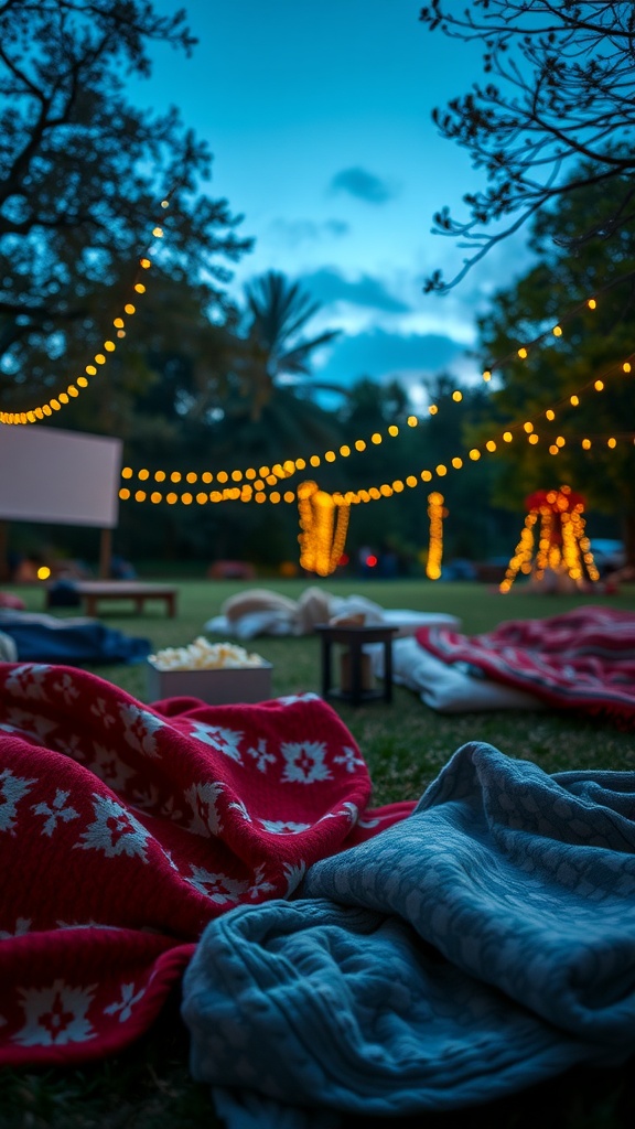 Outdoor movie night setup with string lights, blankets, and popcorn.