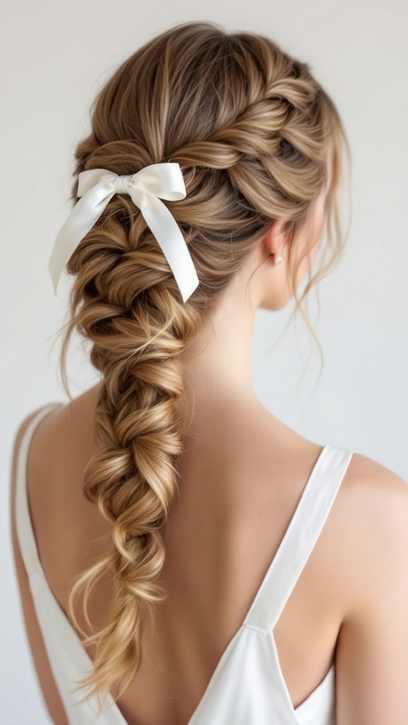 A classic side braid hairstyle featuring long hair with a ribbon.