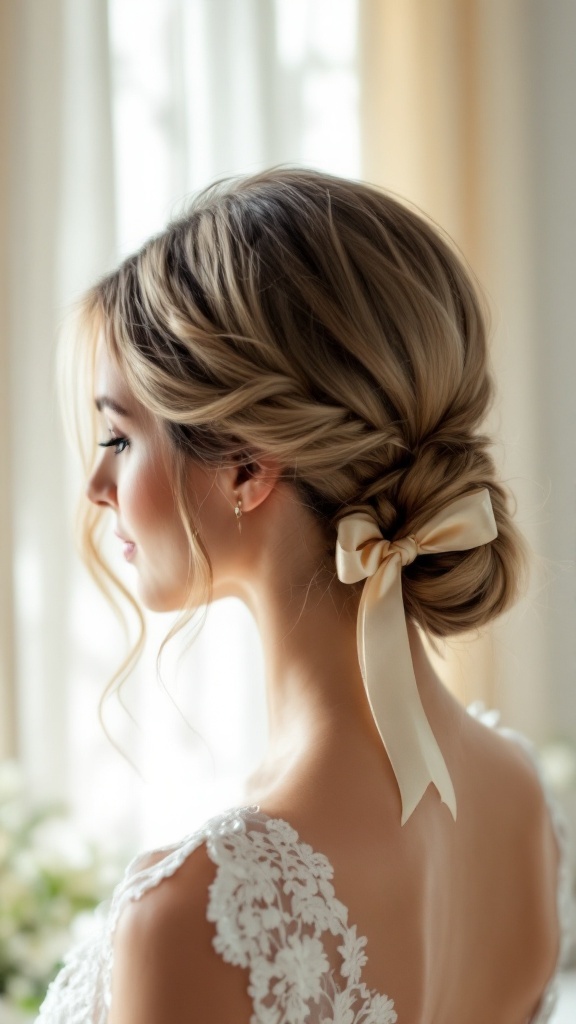 A woman with a classic side ponytail hairstyle, featuring a ribbon, showcasing a romantic bridal look.