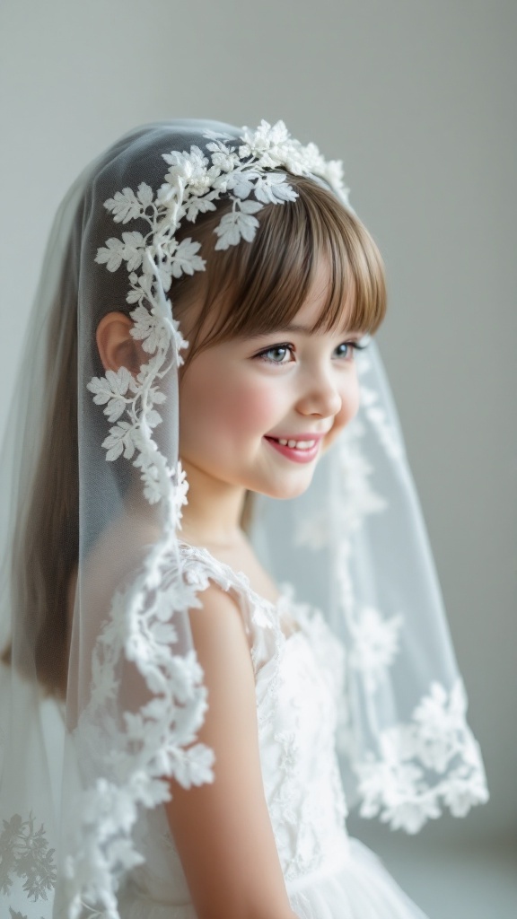 A little girl with straight hair wearing a delicate lace veil, smiling softly.