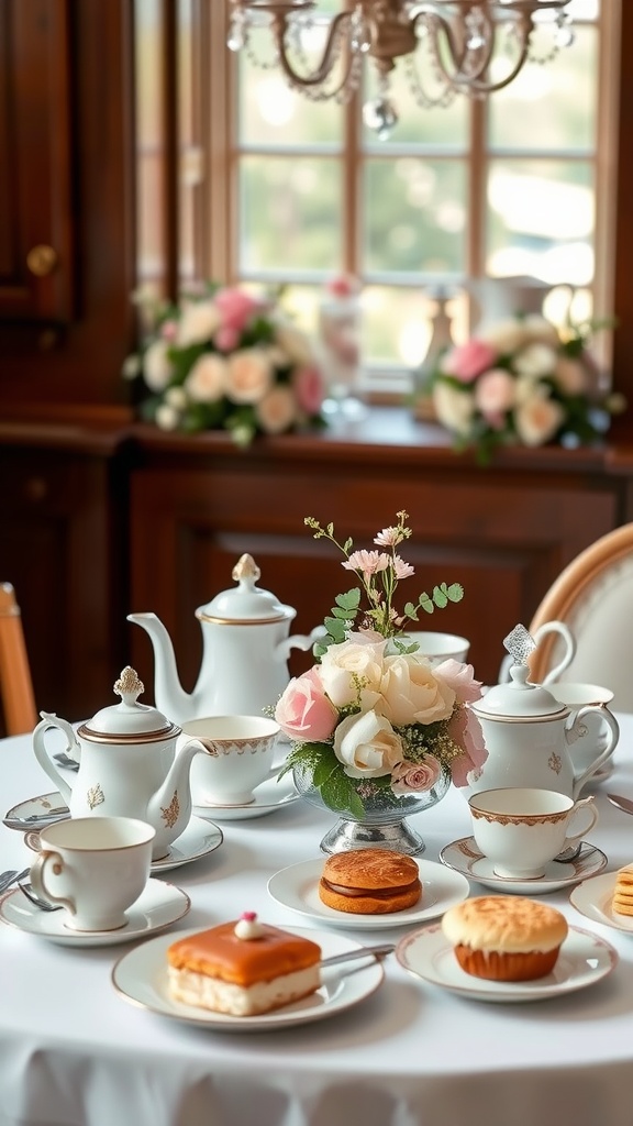 A beautifully arranged table for a classic tea party with fine china, pastries, and floral centerpiece.