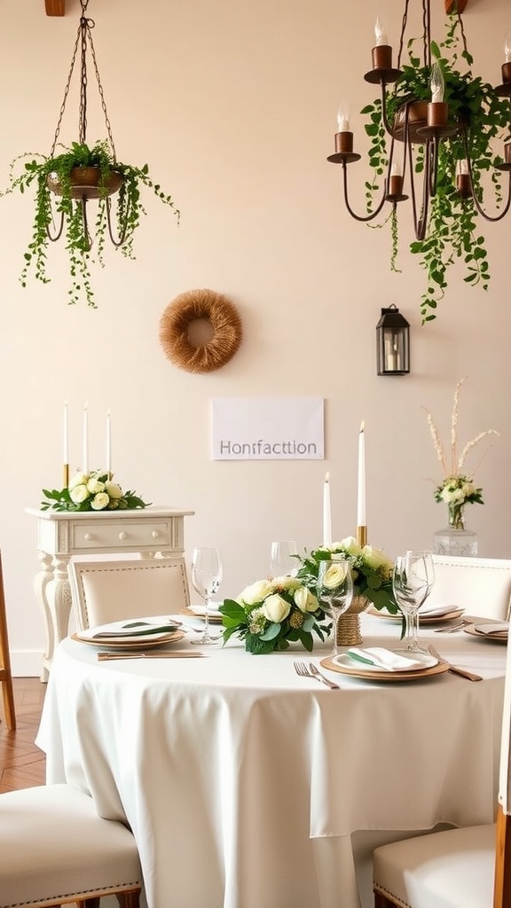 A beautifully set table for a Tuscan-themed bridal shower, featuring floral arrangements, elegant tableware, and warm lighting.