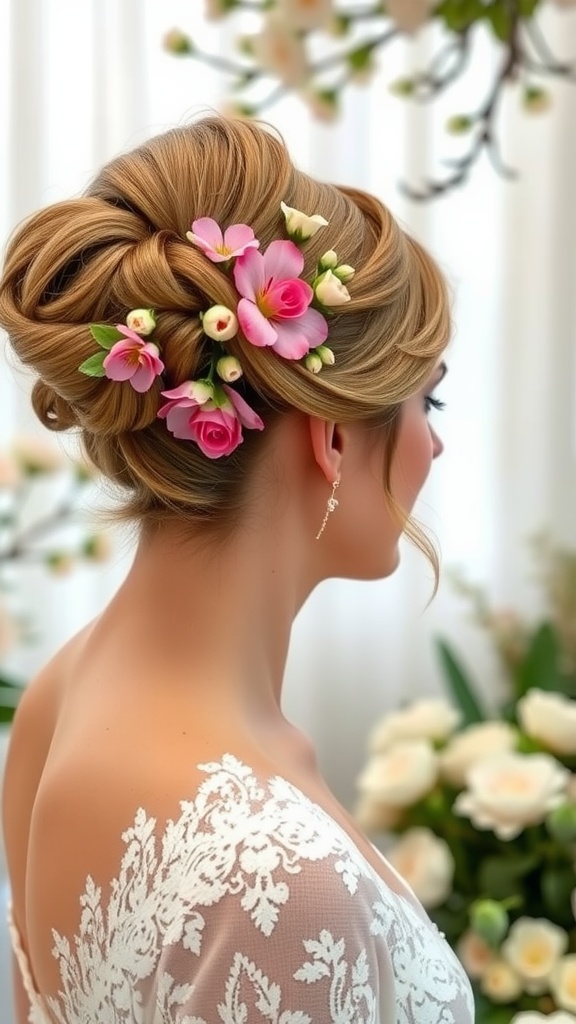 Classic updo hairstyle with fresh blooms for spring wedding bridesmaids
