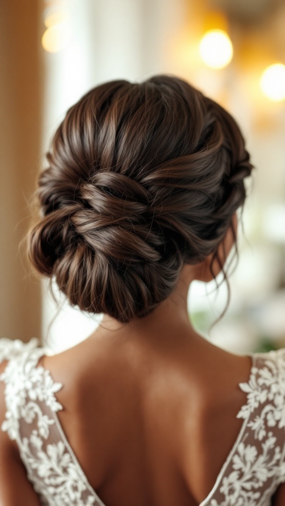 A close-up of a classic bridal updo hairstyle featuring intricate braids and soft curls, showcasing elegance and modern flair.