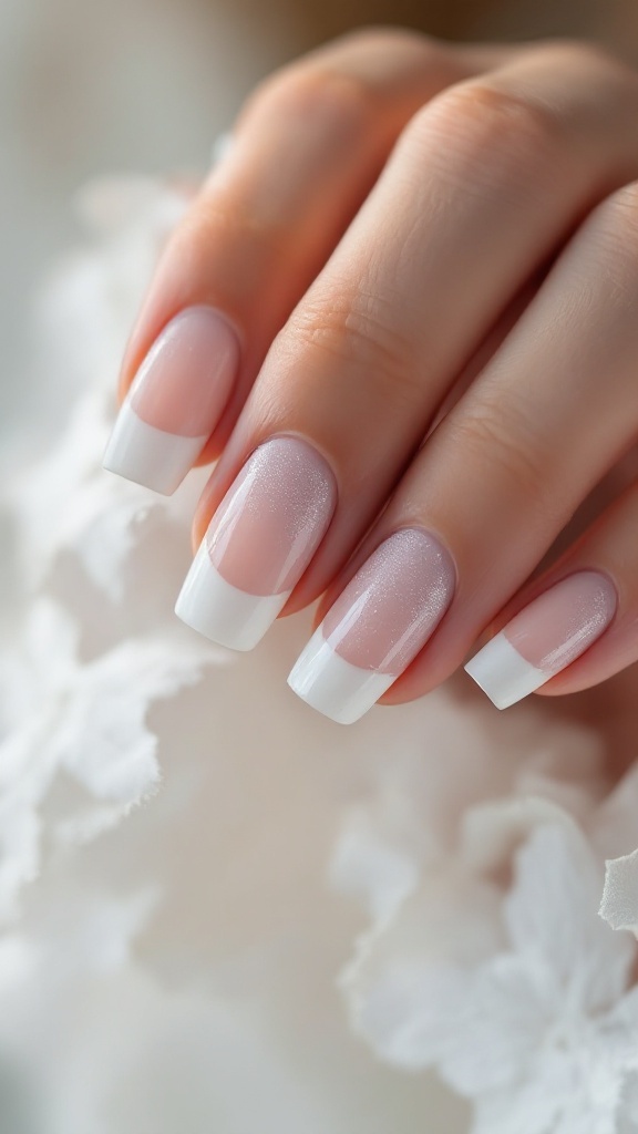 Close-up of a hand with classic white French tip nails, featuring a subtle pink base and a soft shimmer finish.