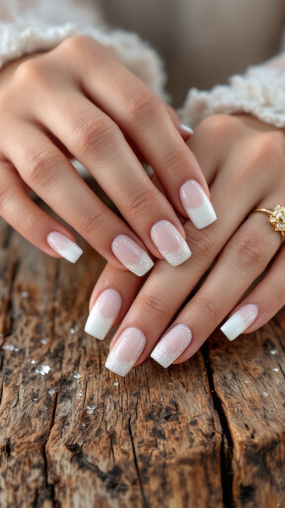 A close-up of elegant square wedding nails featuring a classic white base with glitter tips, styled on a rustic wooden surface.