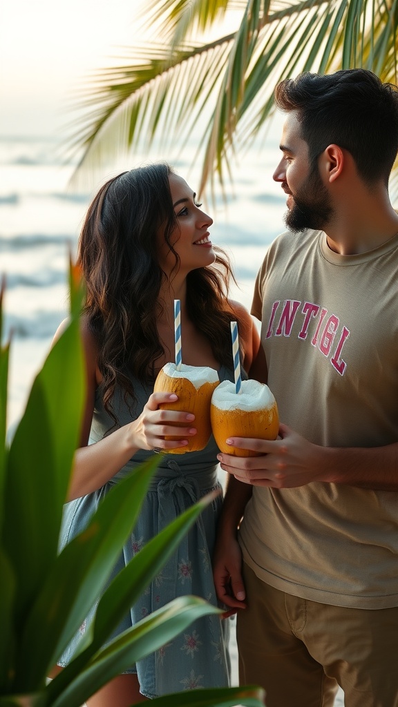 A couple on the beach holding coconut drinks, smiling at each other.