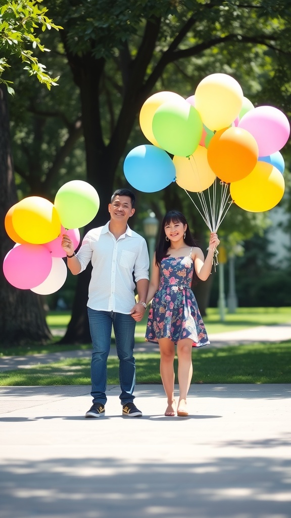 A couple holding colorful balloons while walking together in a park.