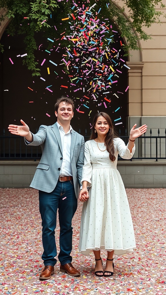 A couple celebrating with colorful confetti in the air
