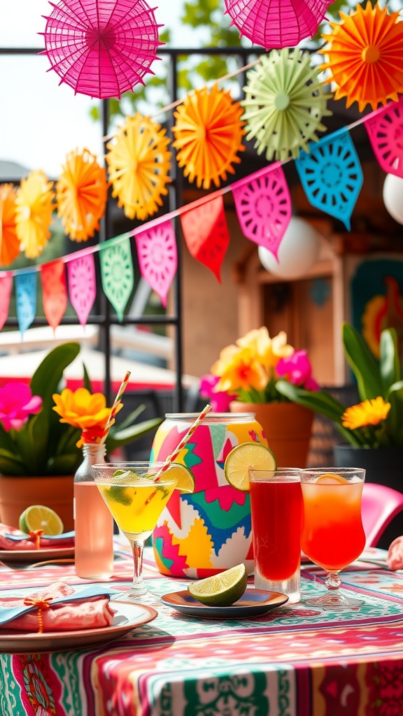 A vibrant table setting for a fiesta-themed bridal shower with colorful drinks, flowers, and decorations.