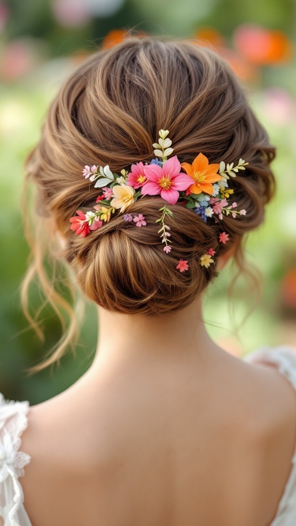 A back view of a colorful floral hairpin updo hairstyle for a bride.