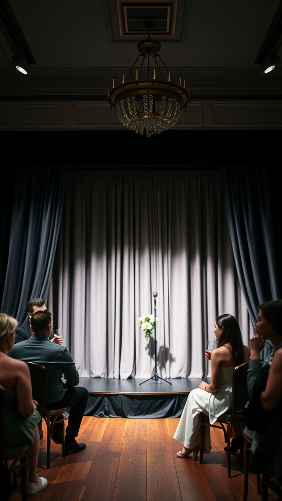 A comedy night setting with a stage, microphone, and guests seated with drinks