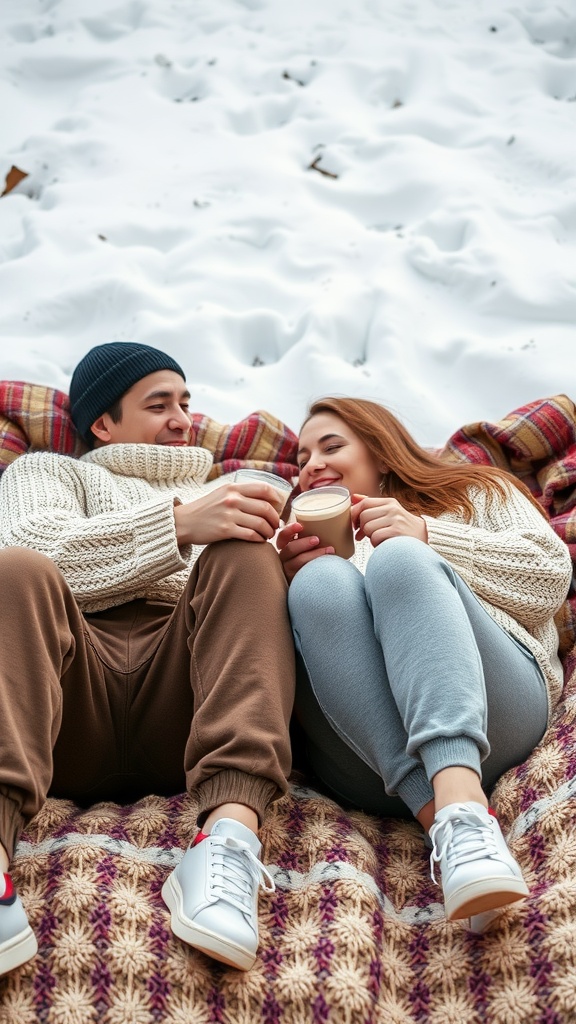 Couple in cozy sweaters and joggers enjoying a winter day.