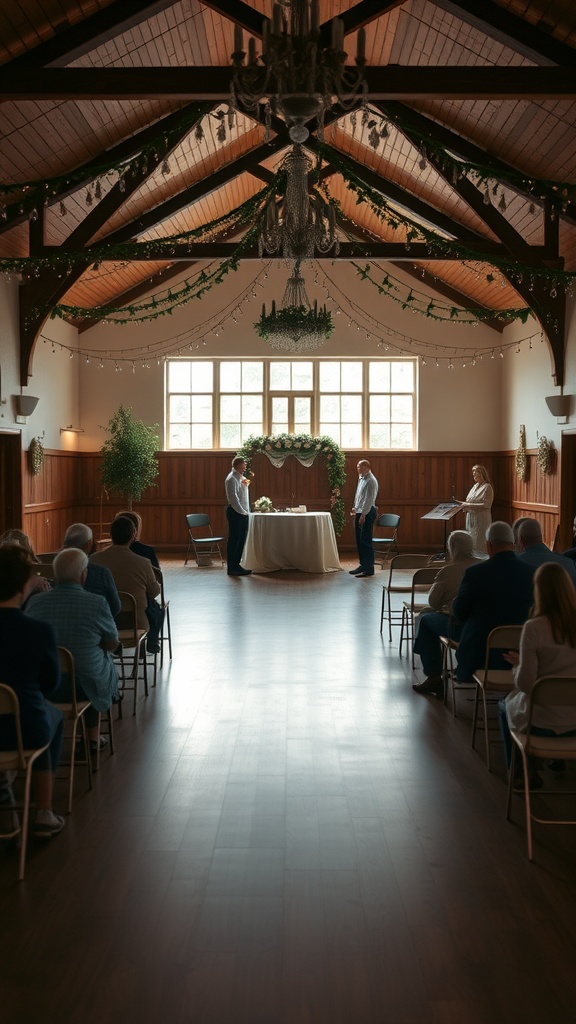 A wedding ceremony taking place in a community hall with simple decorations and a warm atmosphere.