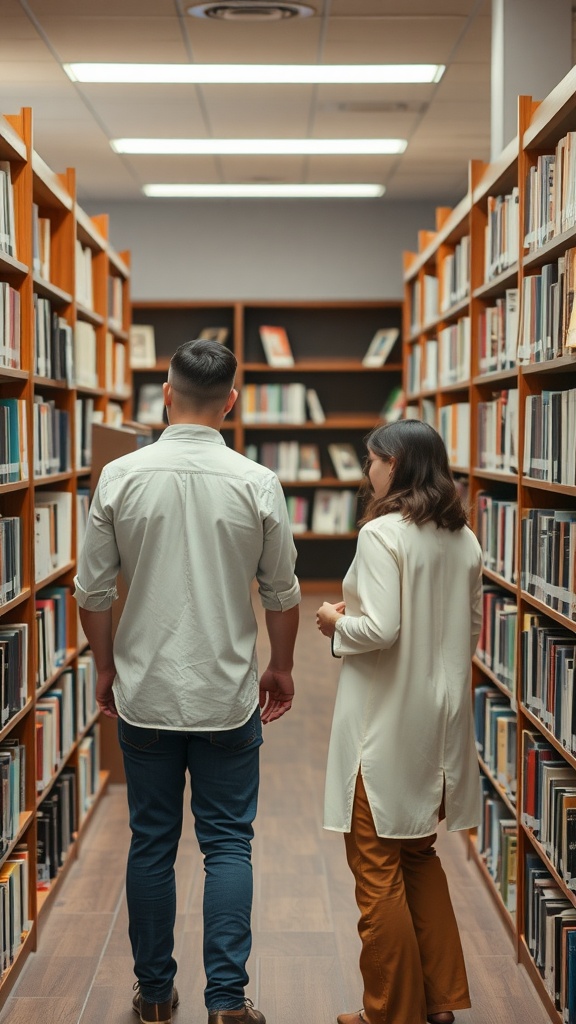 A couple walking through a library aisle, symbolizing community resources and knowledge.