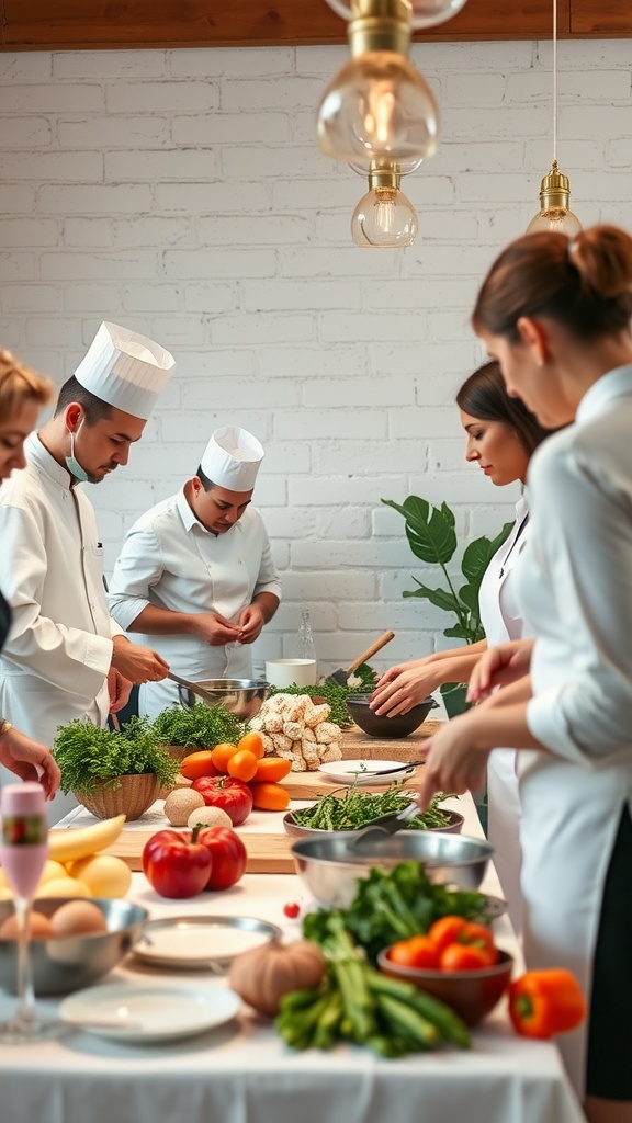 Group of people in a cooking class, preparing food together.