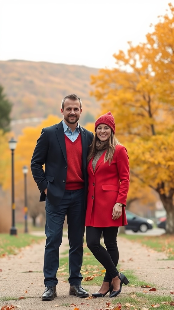 A couple dressed in complementary outfits for a fall engagement photo, surrounded by autumn trees.