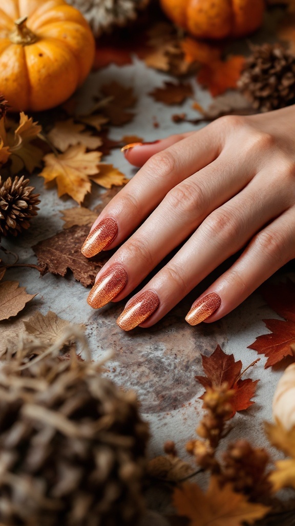 A hand with copper glitter ombre nails, surrounded by autumn leaves and small pumpkins.