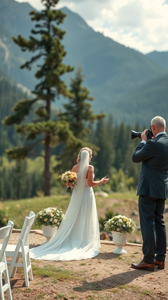 A bride in a flowing white dress holding a bouquet, with a photographer capturing her in a beautiful mountain setting.