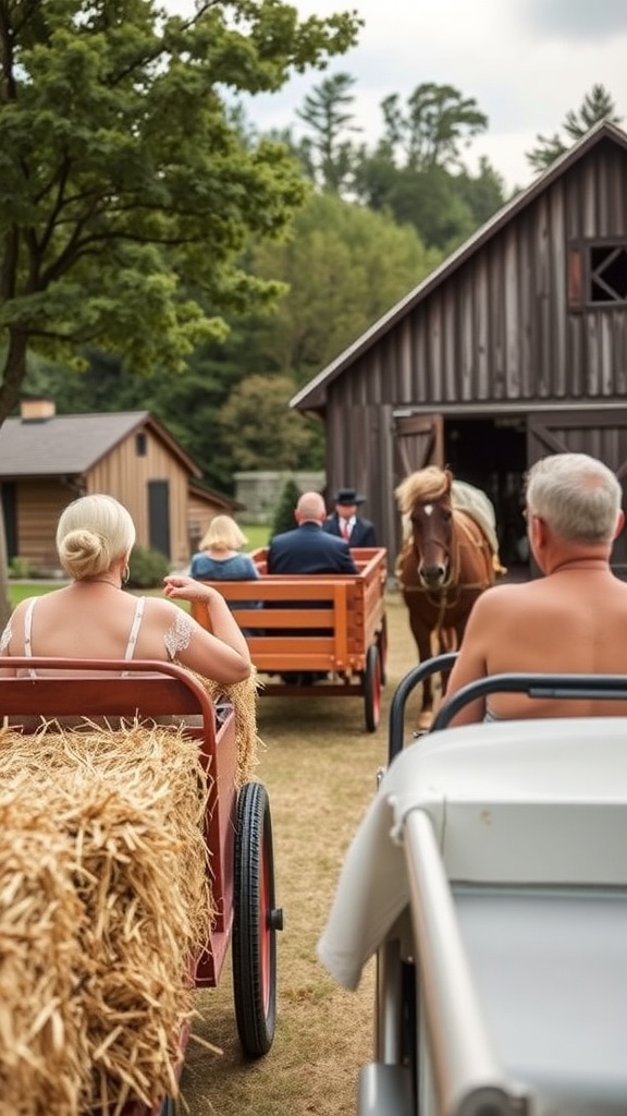 Guests being transported in hay carts at a barn wedding