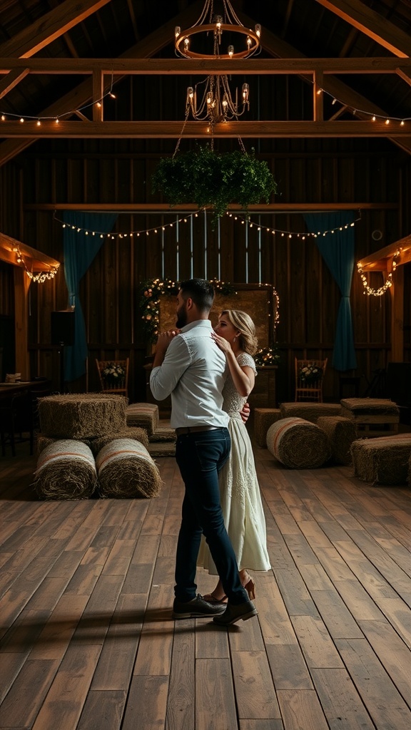 Couple dancing in a rustic wedding setting with hay bales and string lights