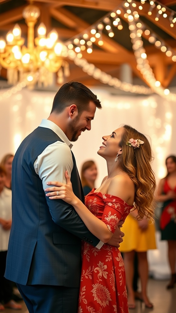 A couple sharing their first dance at an engagement party, surrounded by twinkling lights and smiling guests.