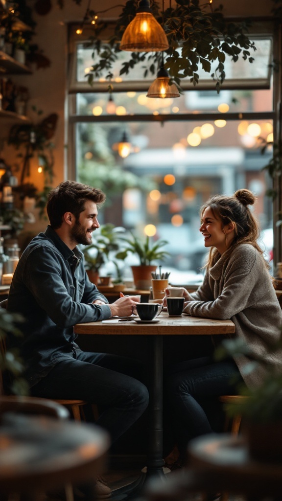 A couple enjoying a cozy coffee date in a café, smiling at each other with cups of coffee on the table.