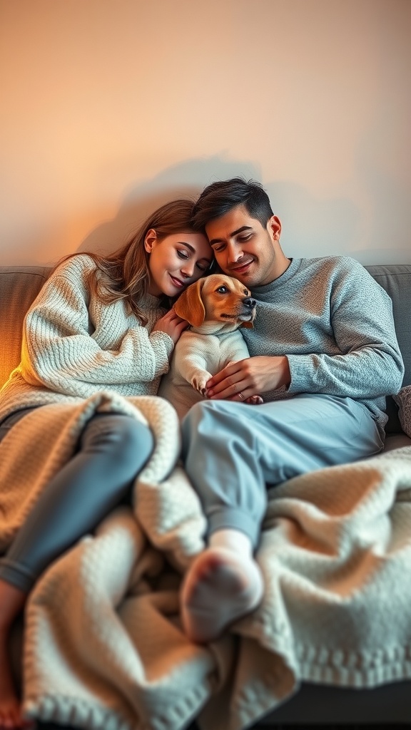 Couple cuddling on a couch with a dog, wrapped in a blanket, creating a cozy atmosphere.
