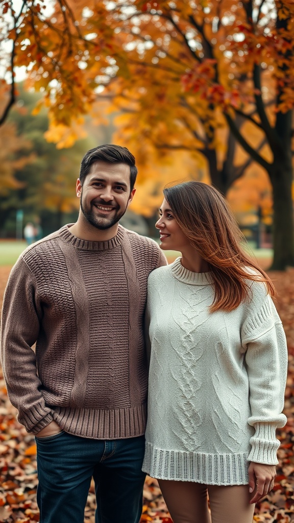 A couple wearing cozy knit sweaters in a park surrounded by autumn foliage.