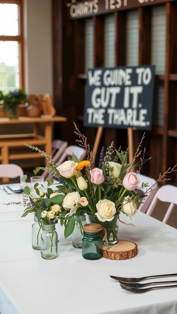 Rustic wedding centerpiece with flowers in jars on a white tablecloth