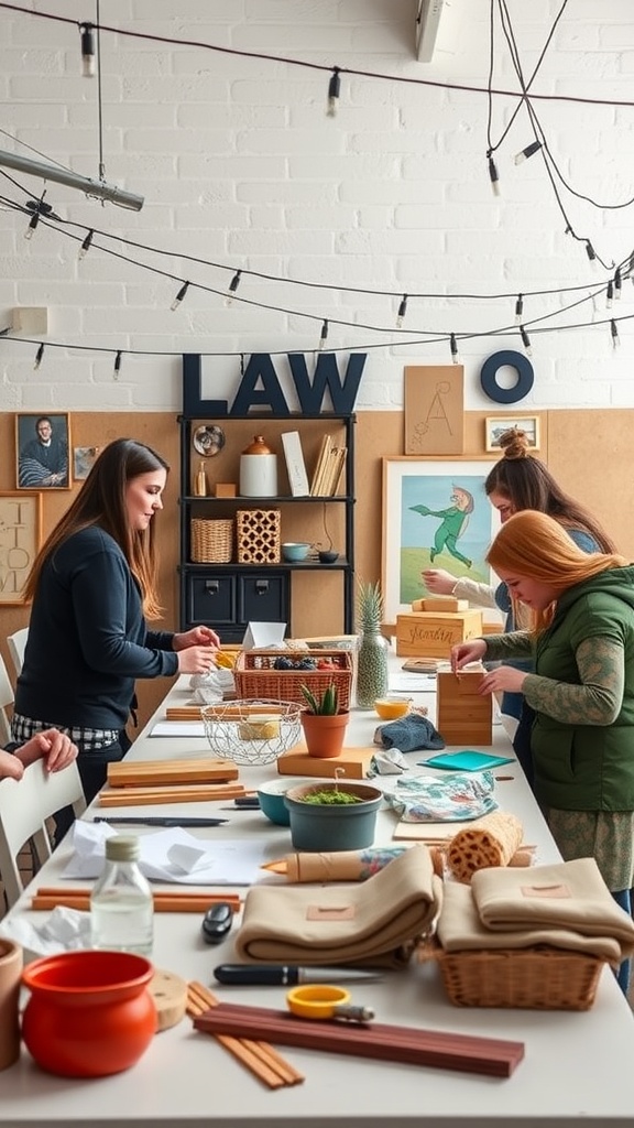A crafting workshop with guests engaged in various creative projects at a long table.