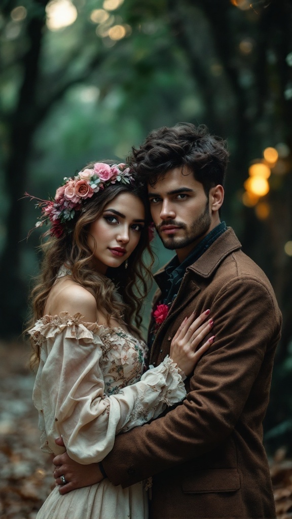 A couple in a forest setting, dressed in themed costumes for their engagement photo.