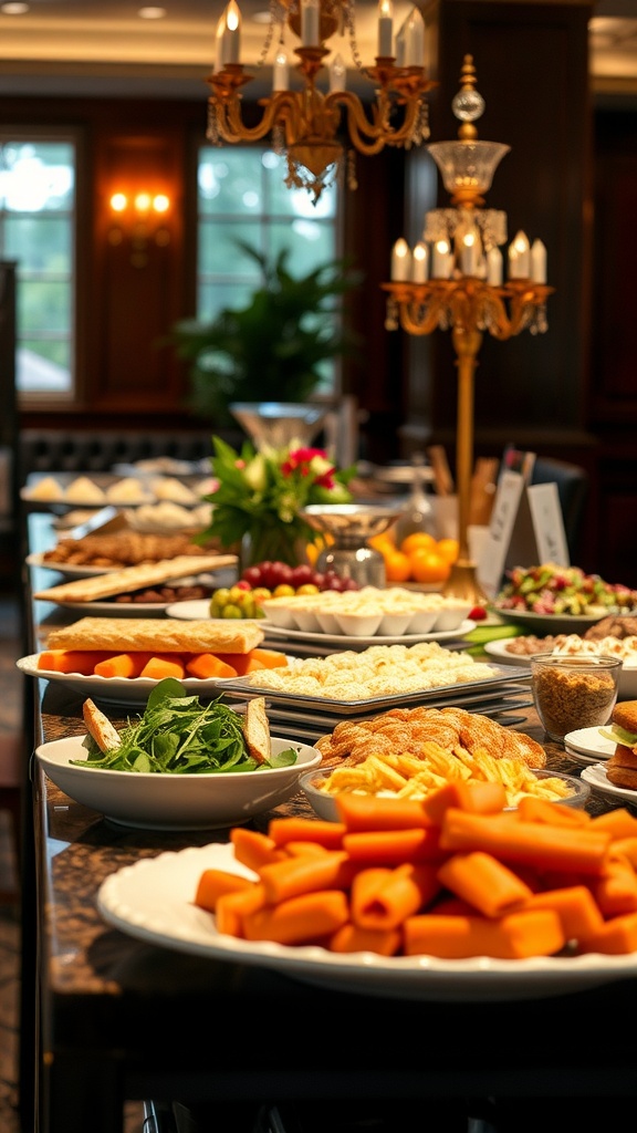 A beautifully arranged food spread including fruits, vegetables, and snacks for an engagement party.