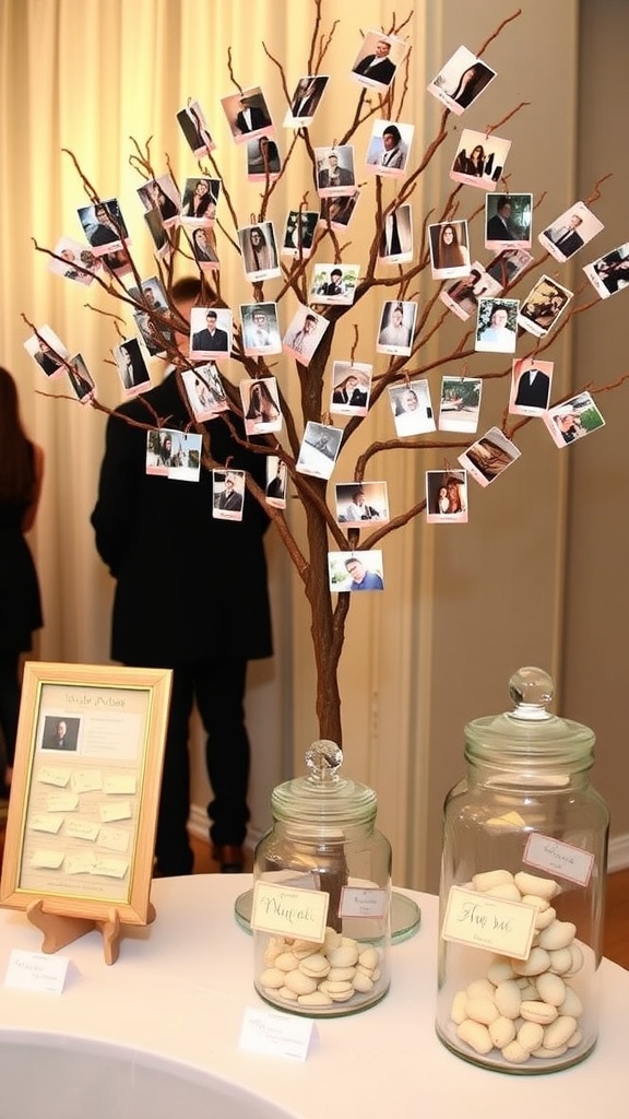 A decorative photo tree with pictures and message jars at an engagement party.