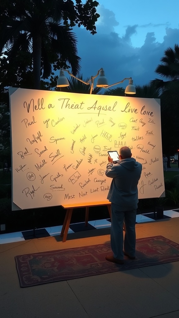A person writing on a large guest book wall at a wedding.