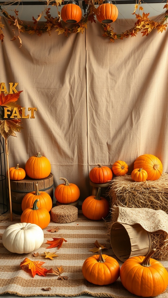 Fall-themed photo booth with pumpkins and autumn leaves