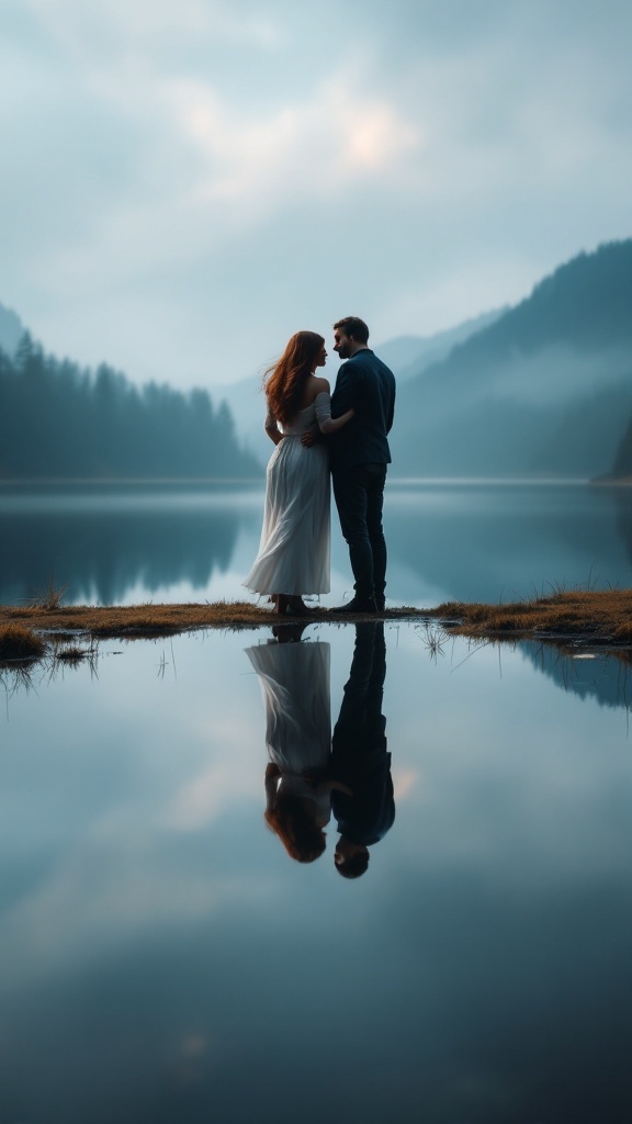 A couple stands on the edge of a lake with their reflections visible in the water, surrounded by misty mountains.