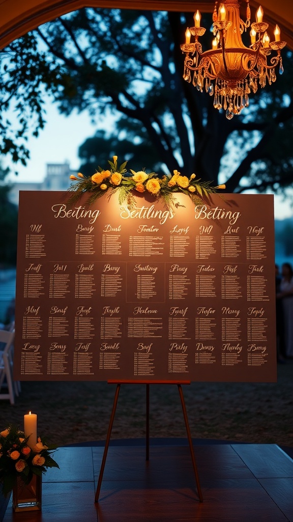 A beautifully designed seating chart with flowers and candles, showing guest names.